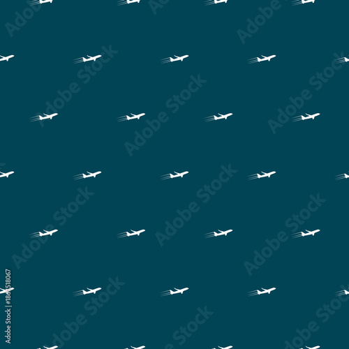 Plane taking off silhouette seamless pattern isolated on color background