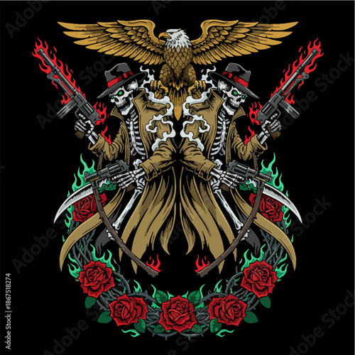 Gangster Skeleton Outlaw Graphic with Eagle and Flaming Guns