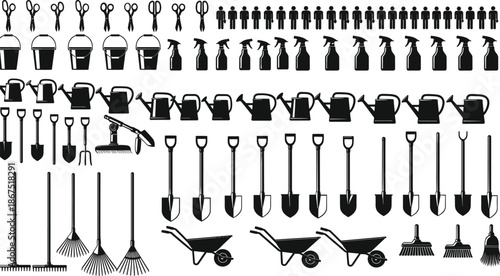 Collection of professional gardening tools, equipment icons, watering cans, shovels, and landscaping silhouettes, isolated on white background vector illustration for outdoor garden design (24 words)