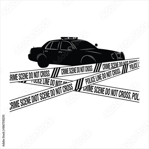 Police car silhouette with barrier tape in foreground representing crime scene control and restricted access concept in black and white vector