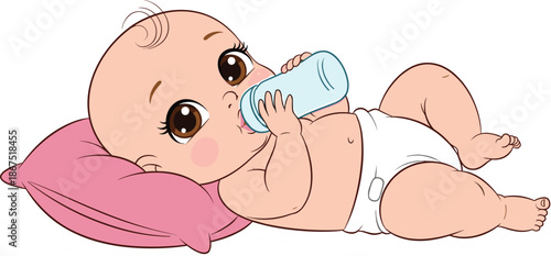 Cute cartoon baby girl lying on pink pillow drinking milk from bottle in diaper isolated vector illustration on white background (20 words)
