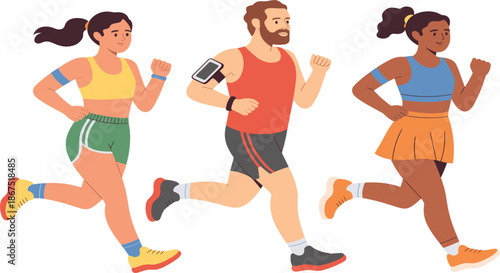 Group of diverse people jogging vector illustration, happy men and women running for fitness and health