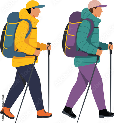 Two hikers with backpacks and walking sticks vector illustration, people trekking for outdoor mountain adventure design