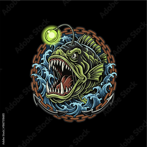 Scary Angler Fish Monster Head Marine Tattoo Design