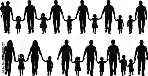 Silhouettes of diverse families with children holding hands, walking, hugging, kissing, celebrating unity, love, companionship, and human connection