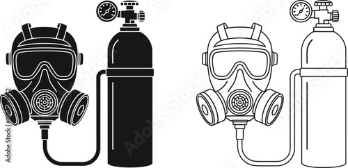 Set of gas mask icons with oxygen tank in silhouette and outline styles, industrial safety equipment for emergency and respiratory protection. (20 words)