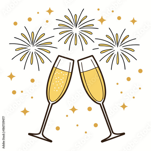 Two champagne wine glasses toast with a liquid splash against a festive fireworks illustration for a New Year celebration party or wedding anniversary holiday card
