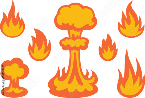 Fire and explosion vector illustration set, flaming mushroom cloud and orange flames for energy and destruction