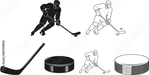 Set of ice hockey player silhouettes and line icons, featuring pucks and sticks for sports design, team logos, and competition. (20 words)