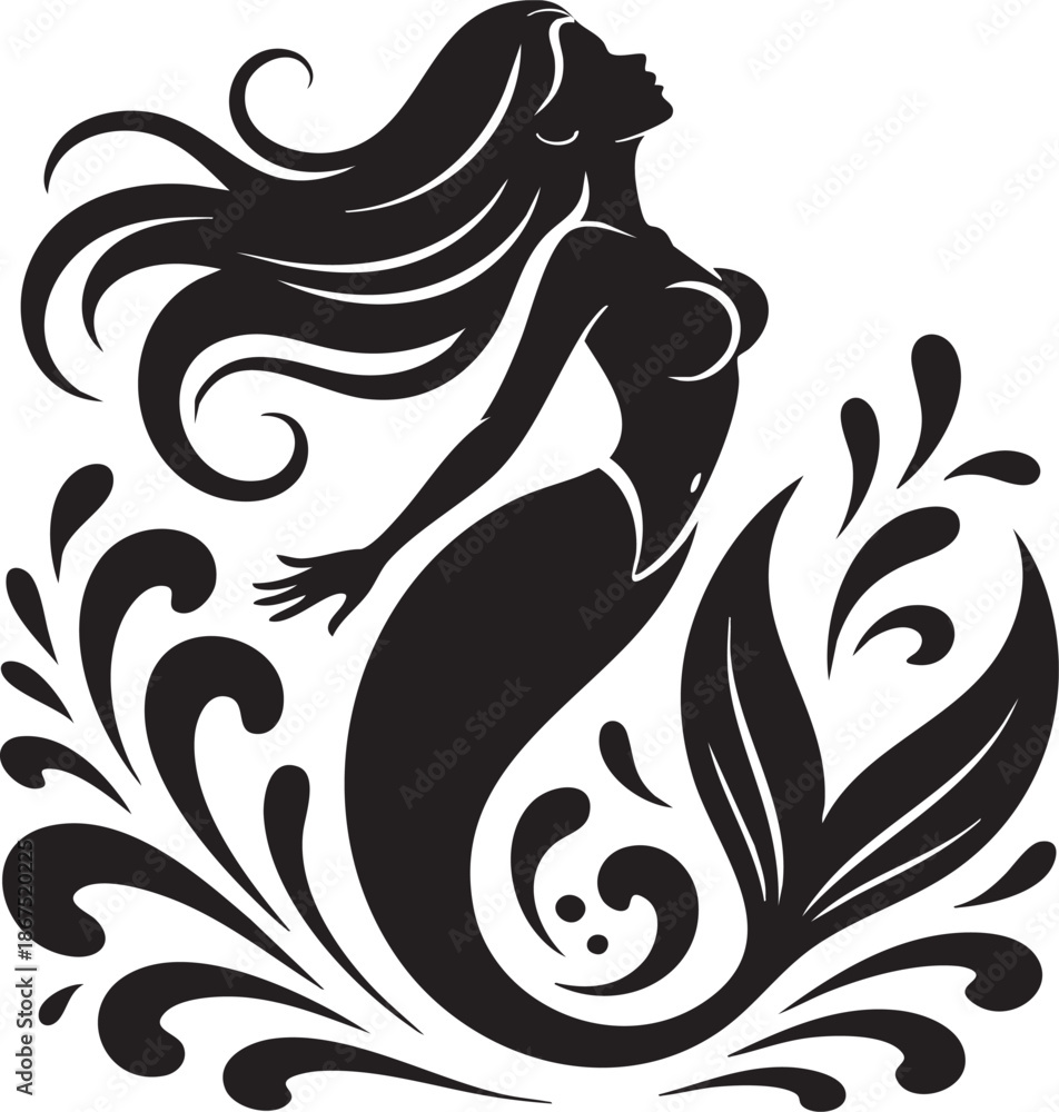 Fototapeta premium Mermaid silhouette with flowing hair and decorative tail surrounded by elegant floral elements on a white background, creating a captivating and enchanting visual representation ideal for various desi