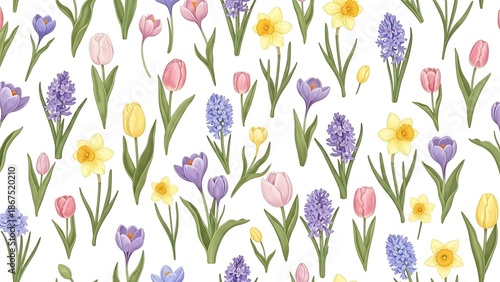A beautiful seamless pattern of watercolor spring flowers in bloom