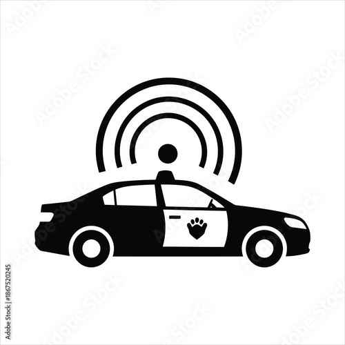 Police car silhouette with radio signal waves representing dispatch communication and emergency coordination concept in black and white vector