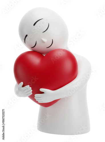 3d Cartoon Character Embracing Red Heart features cute white figure holding love symbol with closed eyes. Romantic illustration represents affection and care for Valentine Day or medical charity.