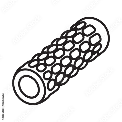 Simple black and white line drawing of a cylindrical object with small circles