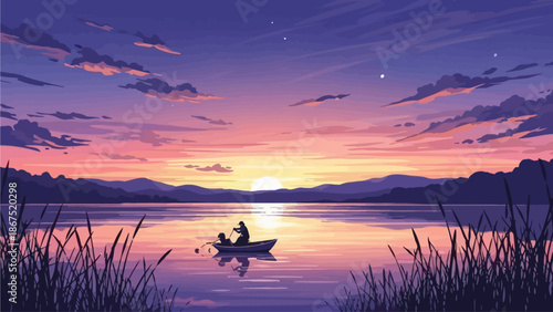 A lone fisherman sails on a serene lake at dusk with a vibrant purple and pink sky