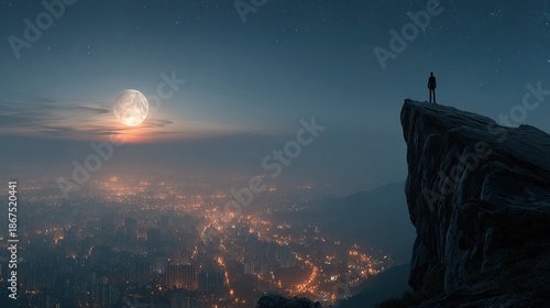 Serene Landscape Silhouette of Man on Cliff Edge Overlooking City at Night