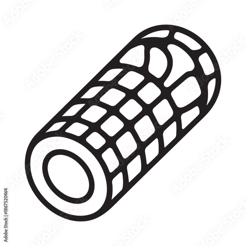 Simple black and white illustration of a cylindrical object with an open structure