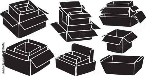 Black cardboard boxes in various shapes and sizes illustration