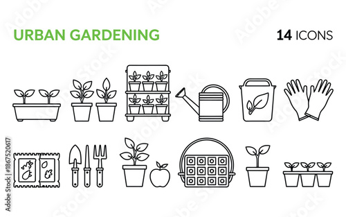 a set of 14 line art icons representing urban gardening, featuring various planters, gardening tools, seeds, and growing plants, ideal for Eco lifestyle projects, city farming concepts, 