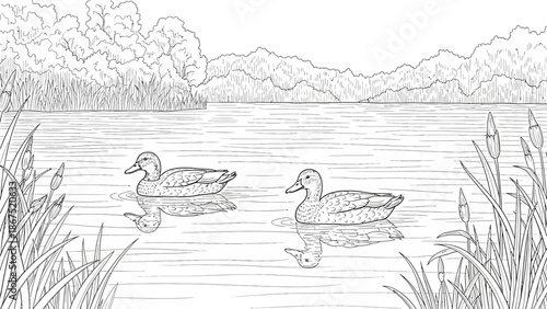 Two ducks swimming with their ducklings in a serene lake surrounded by lush vegetation and trees