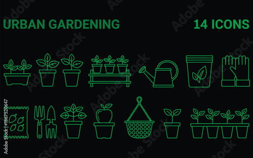 a set of 14 line art icons representing urban gardening, including planters, pots, tools, seeds, and growing plants, ideal for urban farming, Eco friendly design, sustainable living graphics