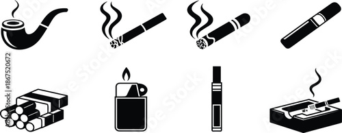 Smoking icons vector illustration set, black tobacco product symbols for health warning and bad habit design