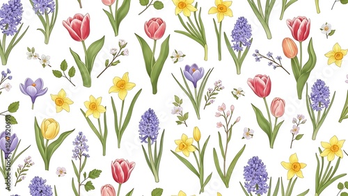 A vibrant and colorful floral pattern featuring tulips daffodils and hyacinths