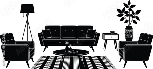 Set of modern living room furniture silhouettes, featuring mid-century sofa, armchairs, floor lamp, coffee table, and plant for interior decor. (20 words)