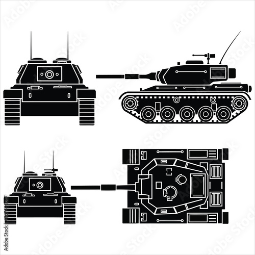 Tank silhouette flat infographic icon set showing front, side, and top views for education and analysis diagrams in black and white vector