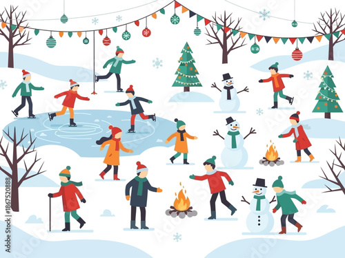 Winter Wonderland People enjoying ice skating, building snowmen, and cozying up by the fire