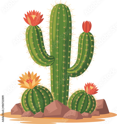 Vibrant desert landscape with blooming cacti and rocks in arid sandy terrain