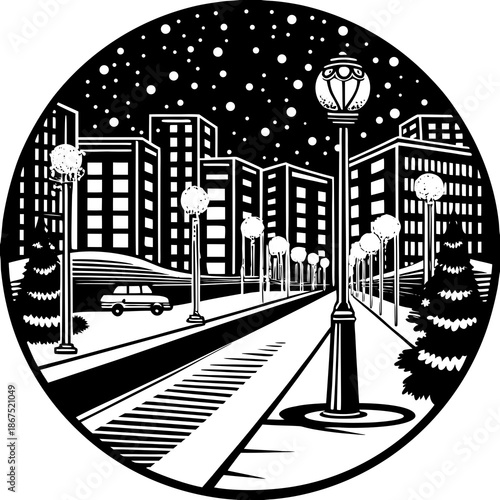 Vintage urban cityscape illustration featuring a cartoon vector sketch of old town houses and modern skyscraper buildings along a night street skyline