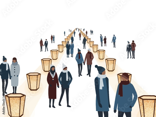 Winter Evening Stroll Festive Gathering with Lanterns and People in a Winter Wonderland