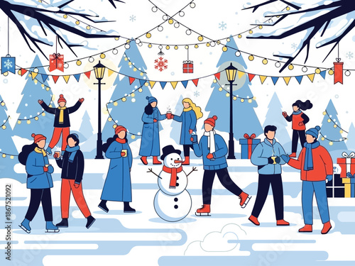Winter Wonderland A Festive Illustration of People Enjoying Outdoor Activities in the Snow