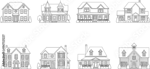 Residential house illustration set, architectural line art, black and white home design, porch roof chimney sketch, vector building layout, clean drawing