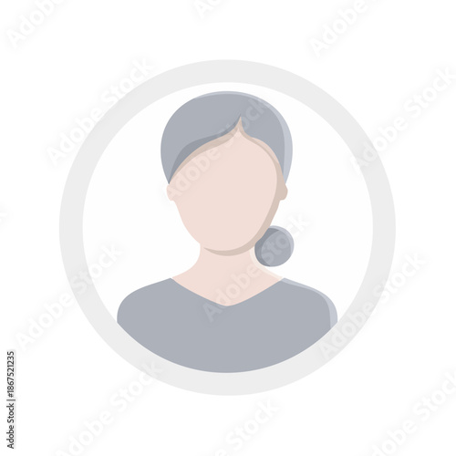 A stylized avatar of an elderly woman with gray hair in a bun, wearing a gray top, inside a circular frame with a shadow.