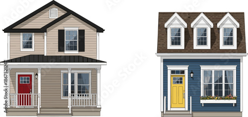 Residential house comparison, colorful home design, architectural style showcase, porch window door layout, modern siding illustration, vector building sketch, exterior concept