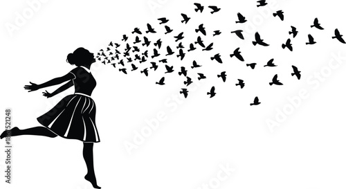 Black silhouette of a young girl in a dress releasing a large flock of birds from her mouth for freedom concept 