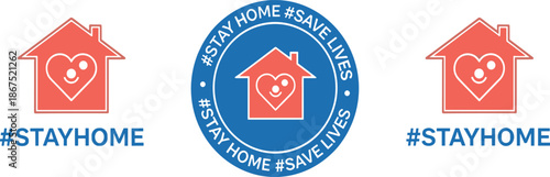 Stay home icon design, heart house symbol, pandemic safety badge, save lives message, quarantine awareness graphic, red home vector, health campaign art