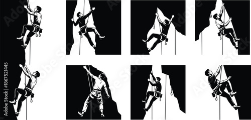 Set of rock climber silhouettes in various poses, featuring mountain climbing, rappelling, and bouldering for sports, extreme adventure, and achievement. (20 words)