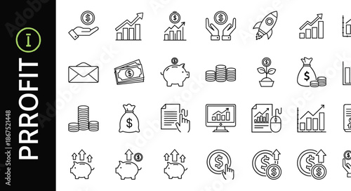 Profit and Finance Business Growth Icon Set Including Money Savings Investment Strategy Revenue Increase Success Rocket Piggy Bank and Financial Analytics Symbols