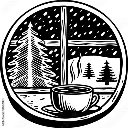 Vintage black silhouette illustration of a hot coffee cup with beans on a cafe table at the beach featuring a decorative vector frame for a restaurant menu design