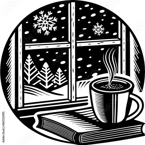 Vintage woodcut illustration of a black coffee and tea cup pattern frame for a cafe decoration symbol vector design