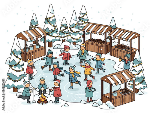Winter Wonderland A Festive Ice Skating Scene with Market Stalls and Joyful Characters