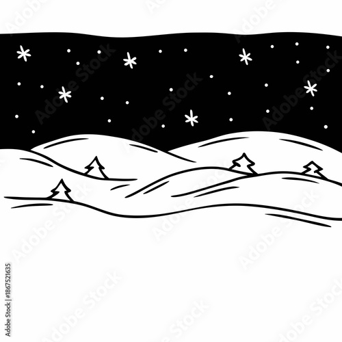 Vector illustration of a blue Christmas night winter landscape with snow and a star sky featuring a holiday tree and festive year decorations for a seasonal greeting card design