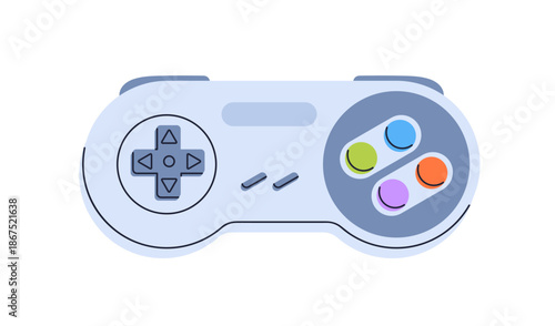 Video game controller of 90s and 00s. Retro play station, gamepad. Videogame console, nostalgic gaming accessory with buttons. Nostalgic joypad. Flat vector illustration isolated on white background.