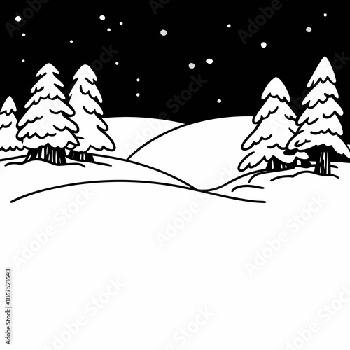 Vector illustration of a cold winter night landscape featuring a festive Christmas tree with snow and a bright star under a starry sky for a New Year celebration card