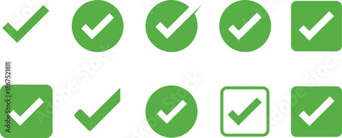 Green Check Mark Icon Set for Approved Success Tasks Validation Quality Control Right Choice Tick Symbols in Circles and Squares for Business and Web User Interface