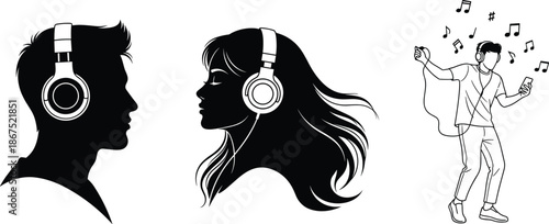 Set of silhouettes featuring people listening to music with headphones, male and female profiles, and a man dancing with notes. (20 words)