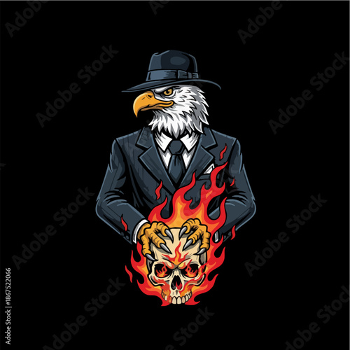 Serious Eagle Man in Suit Holding Burning Ram Skull Mascot